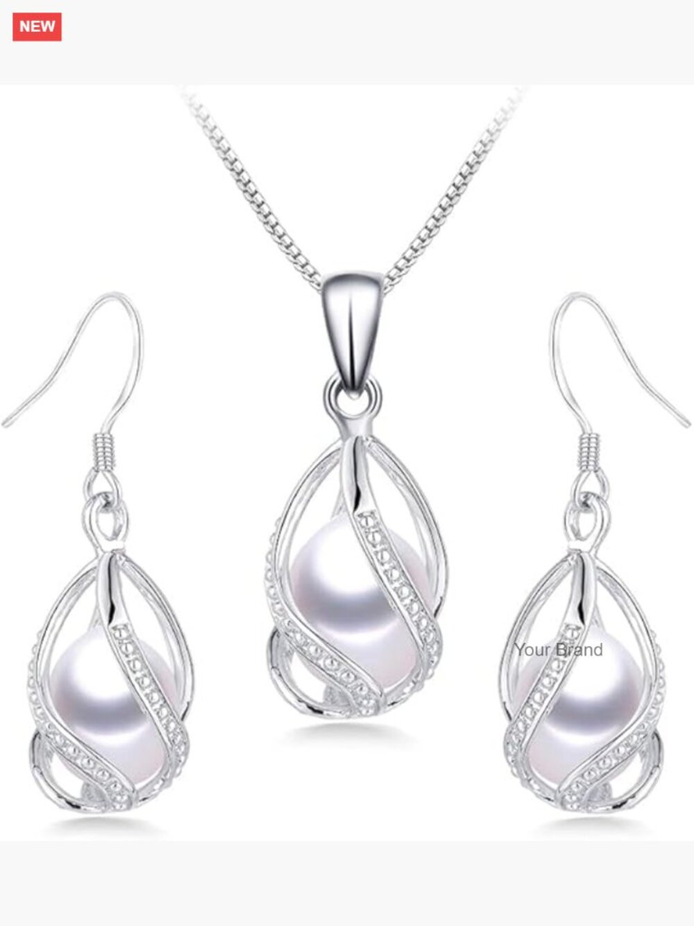 S925 Sterling Silver Gold Plated Freshwater Pearl Necklace Earrings Set Wedding